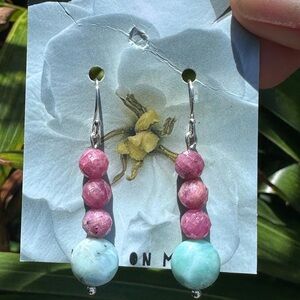 Faceted Ruby Larimar Coin .925 Sterling Silver Pink Blue Handmade Bead Earrings